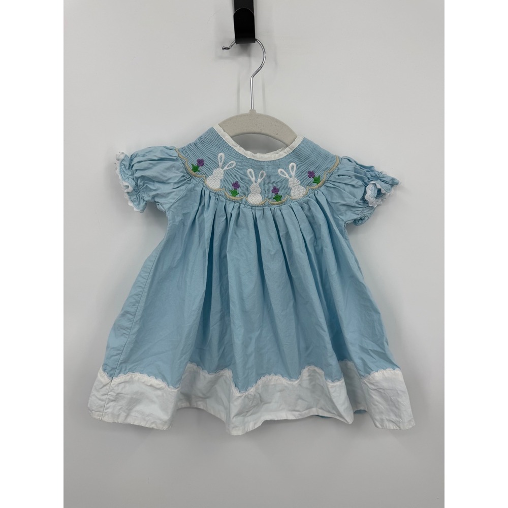 Lil Cactus Bunny Smocked Dress Baby Girls 3-6M Blue Easter Embroidered Scallop